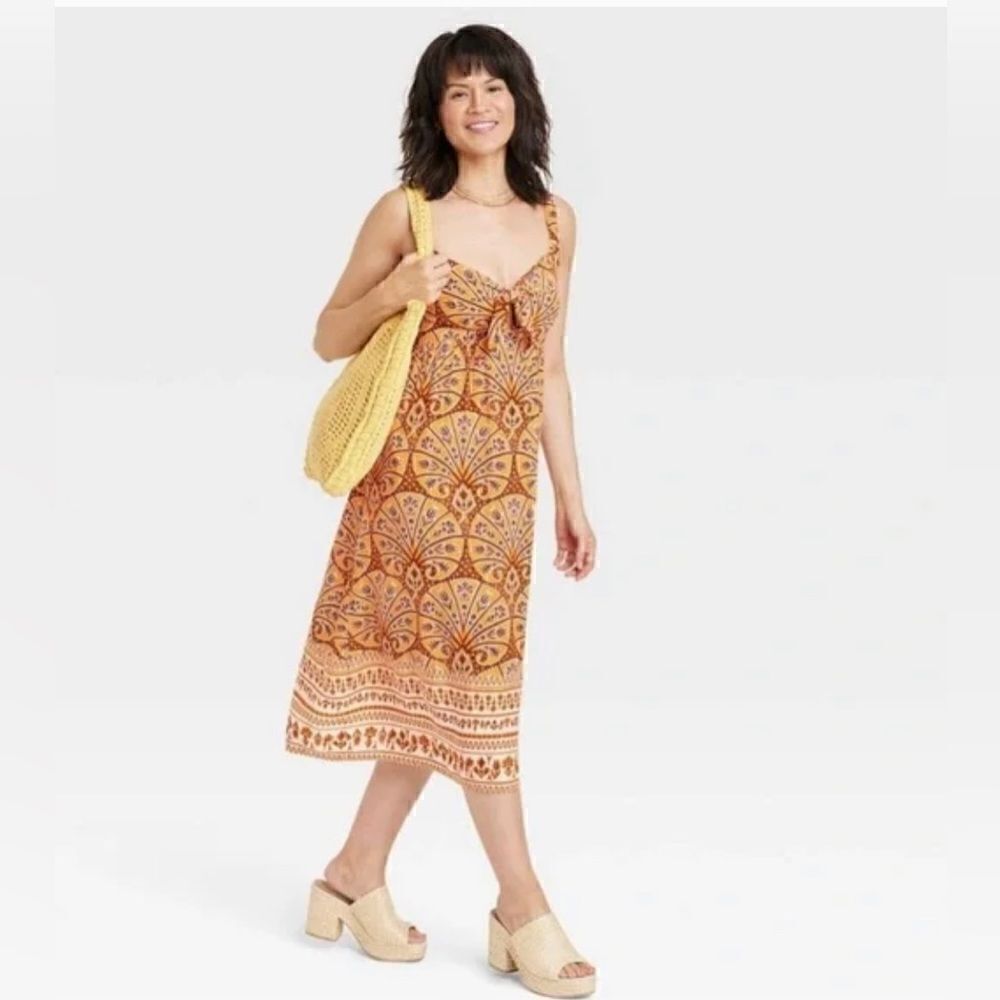 Knox Rose Sleeveless A-Line Dress Printed Dress w/ Pockets NWOT S NWT Orange